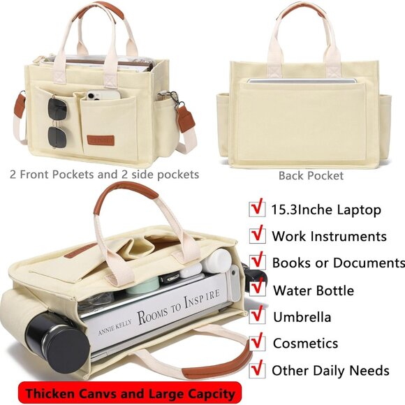 Women's Upgrade Beige Imported Canvas Laptop Crossbody Work Large Tote Handbags - Picture 2 of 7